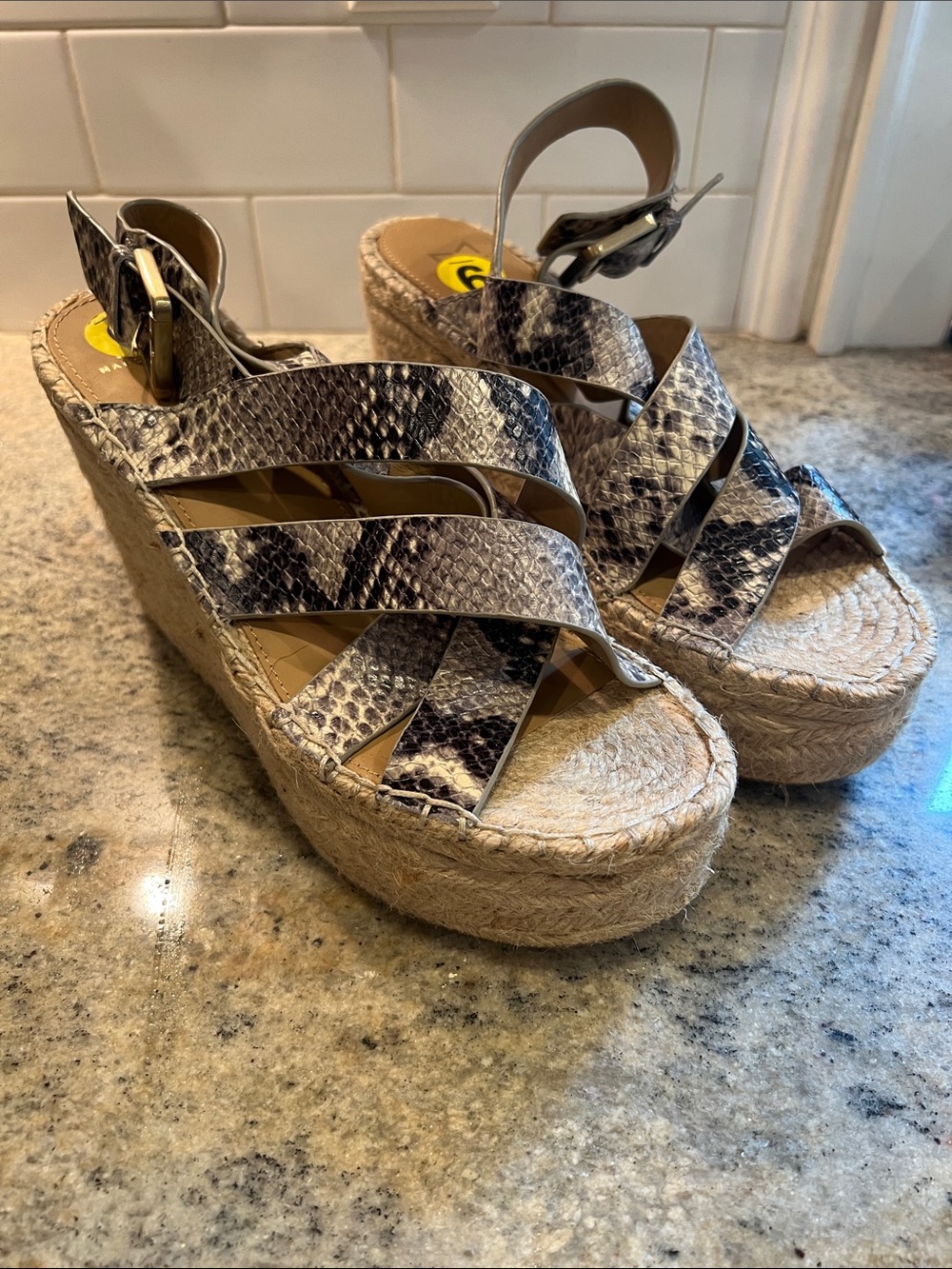 Marc Fisher Mlalenni Snake-Print Espadrille Platform Wedges - Black & Cream